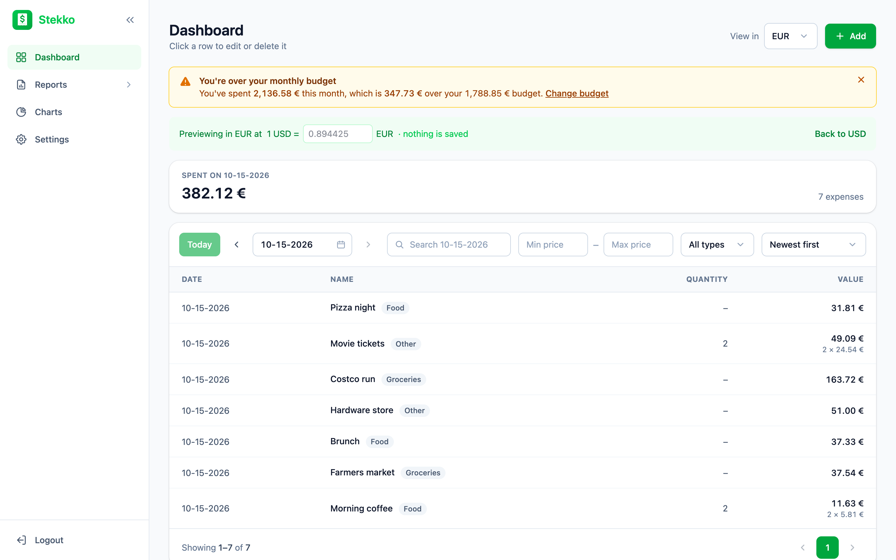 Stekko dashboard previewing amounts in euros